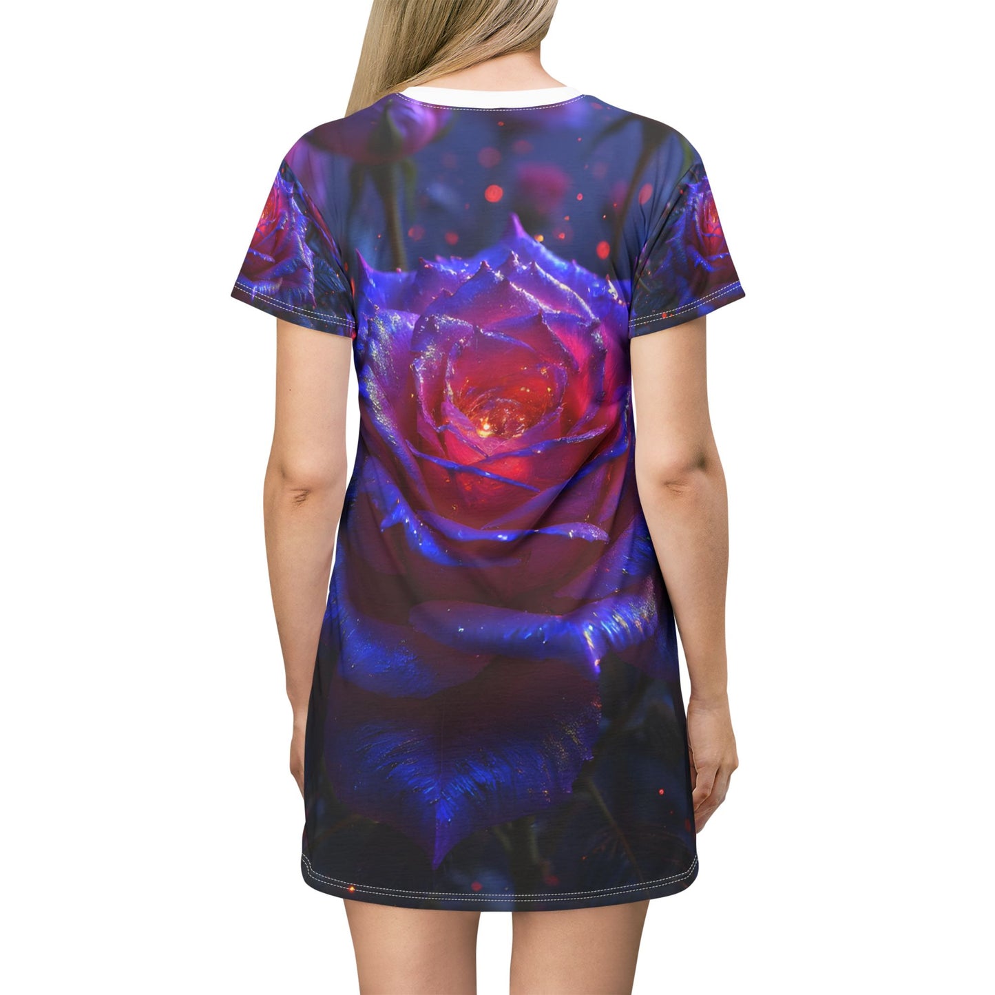 Enchanting Floral T-Shirt Dress with Purple Rose Design