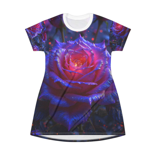 Enchanting Floral T-Shirt Dress with Purple Rose Design