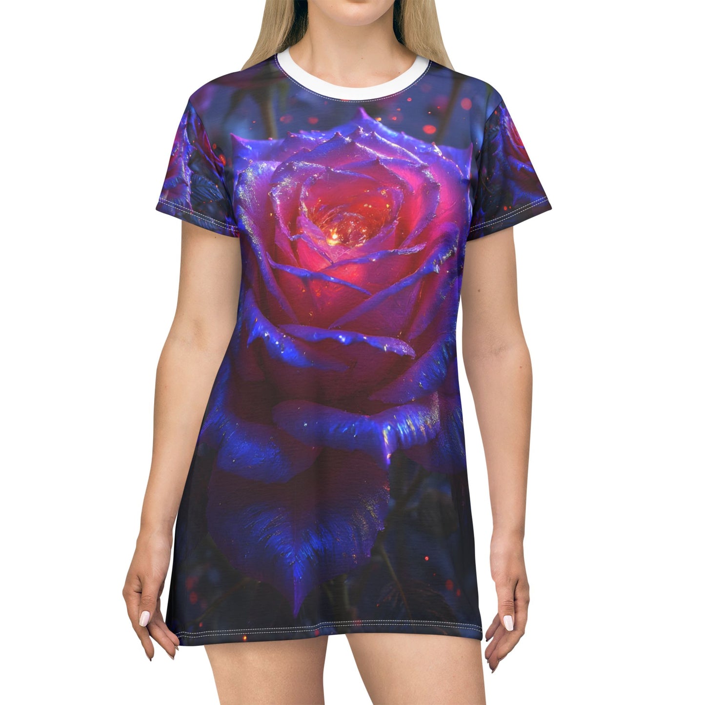 Enchanting Floral T-Shirt Dress with Purple Rose Design