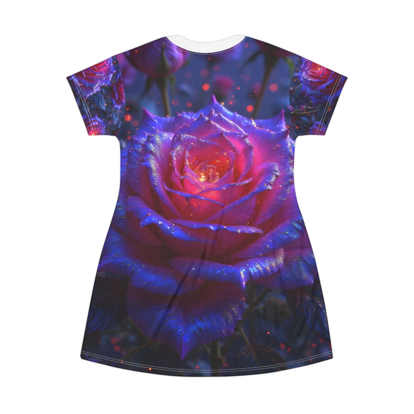 Enchanting Floral T-Shirt Dress with Purple Rose Design